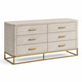 Commode à 6 tiroirs en bois beige clair et métal doré, 140 × 45 × 85 cm