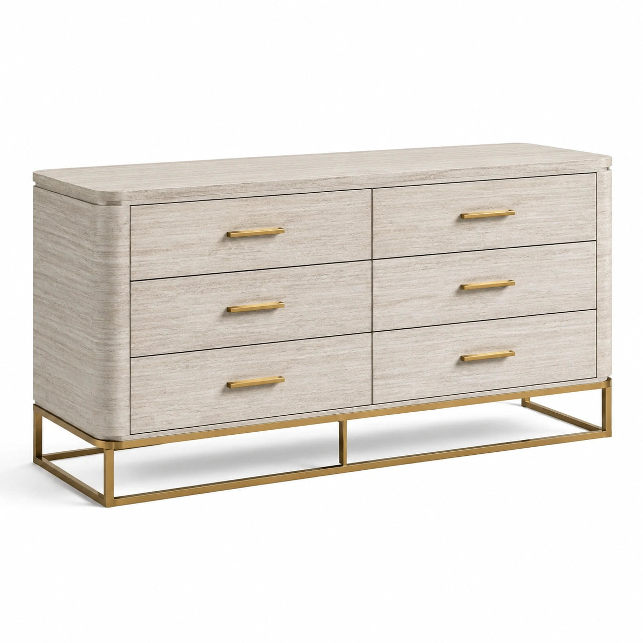 Commode à 6 tiroirs en bois beige clair et métal doré, 140 × 45 × 85 cm