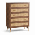 Commode haute à 5 tiroirs, 100 × 45 × 130 cm, bois brun, cannage beige et détails dorés