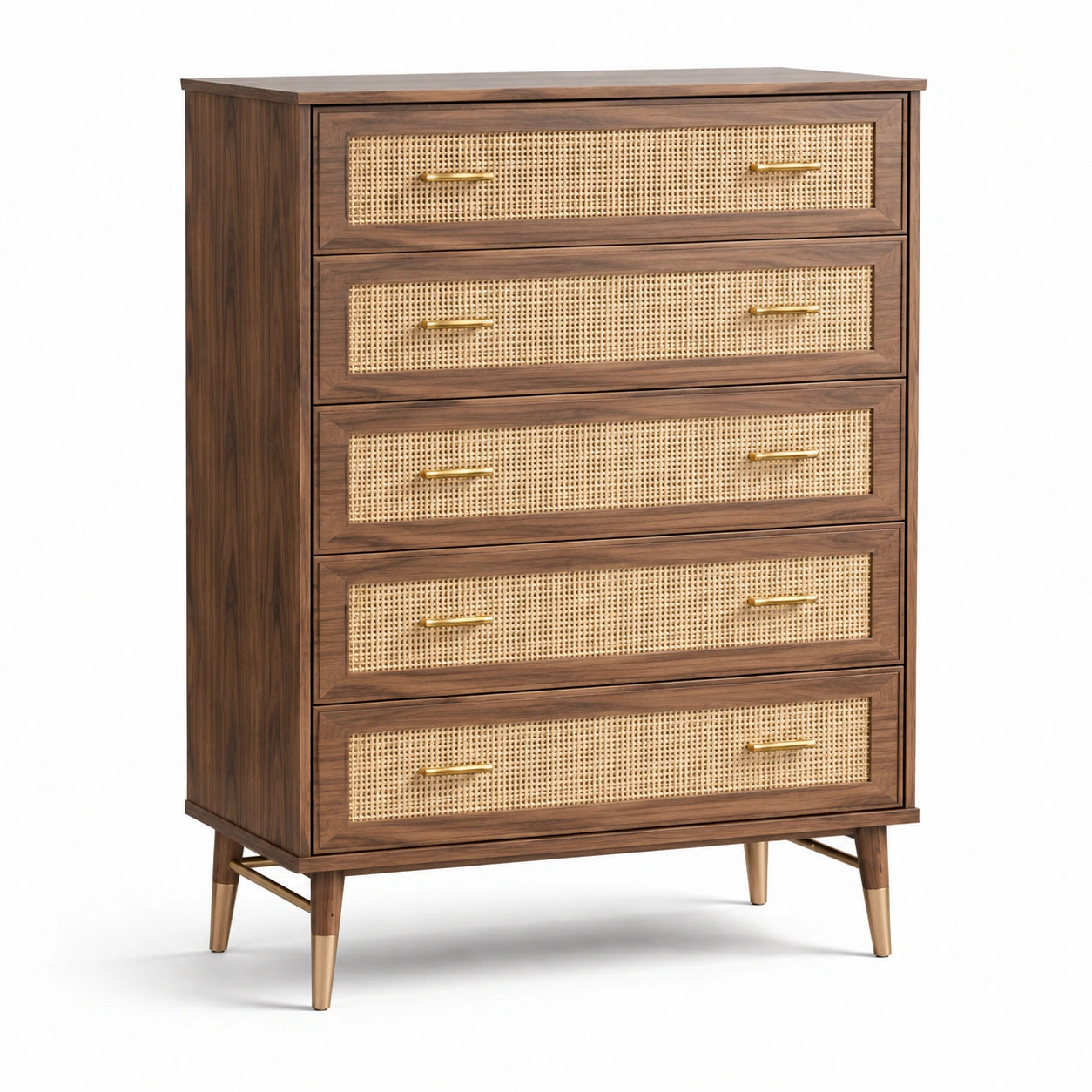 Commode haute à 5 tiroirs, 100 × 45 × 130 cm, bois brun, cannage beige et détails dorés
