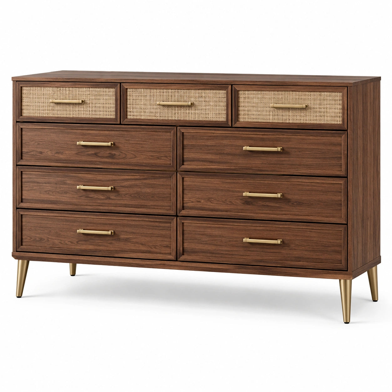Commode à 9 tiroirs, 150 × 40 × 95 cm, brun foncé, rotin naturel et métal doré