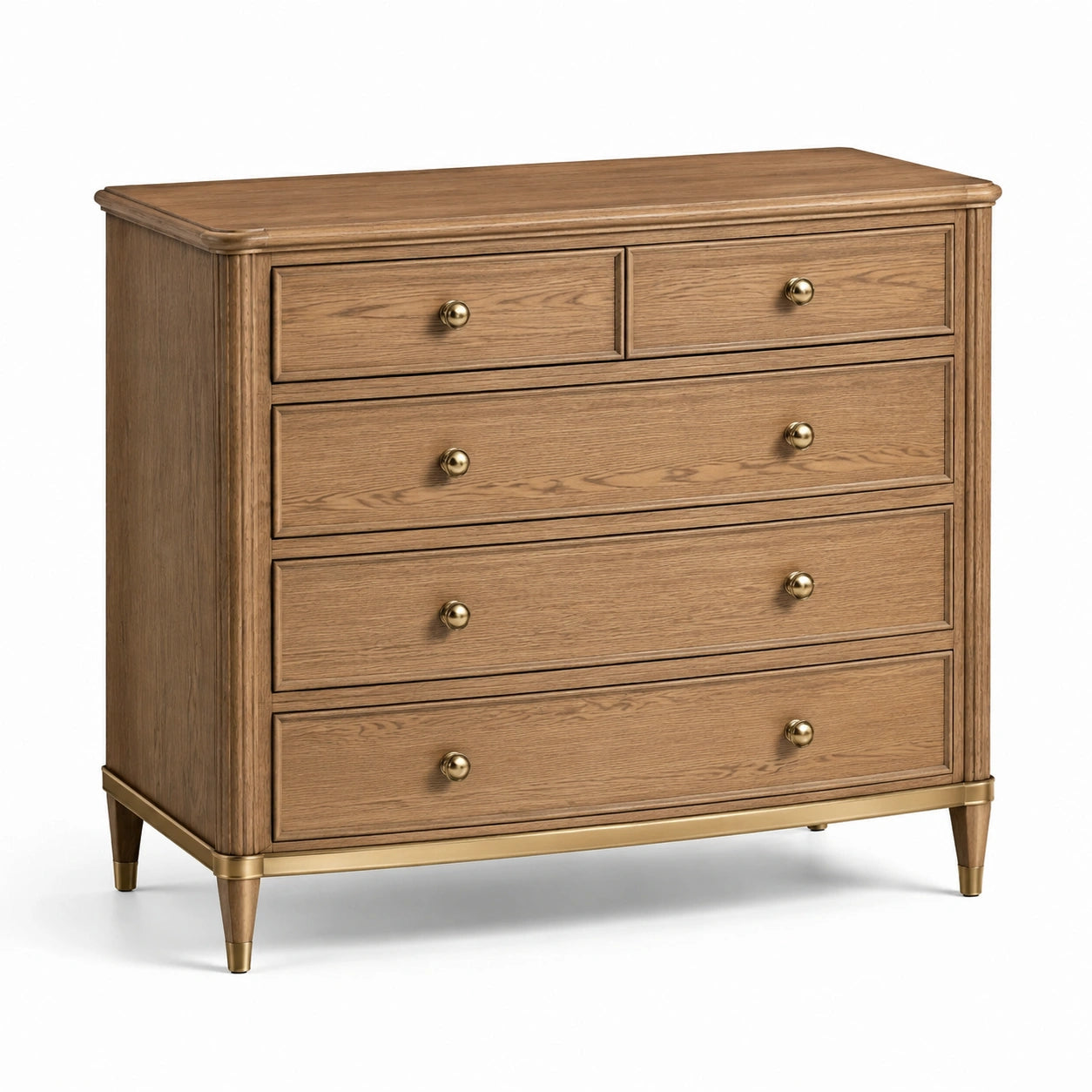 Commode classique en bois brun et doré à 5 tiroirs, 120 × 45 × 105 cm