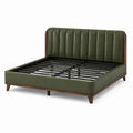 Lit double 160 × 200 cm en similicuir vert olive avec tête de lit rembourrée à canaux verticaux