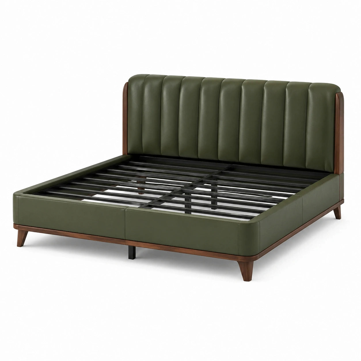 Lit double 160 × 200 cm en similicuir vert olive avec tête de lit rembourrée à canaux verticaux