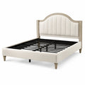 Lit double rembourré beige et bois naturel avec tête de lit cintrée, 218 × 170 × 145 cm, pour matelas 160 × 200 cm