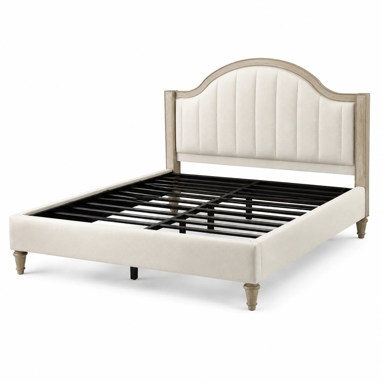 Lit double rembourré beige et bois naturel avec tête de lit cintrée, 218 × 170 × 145 cm, pour matelas 160 × 200 cm