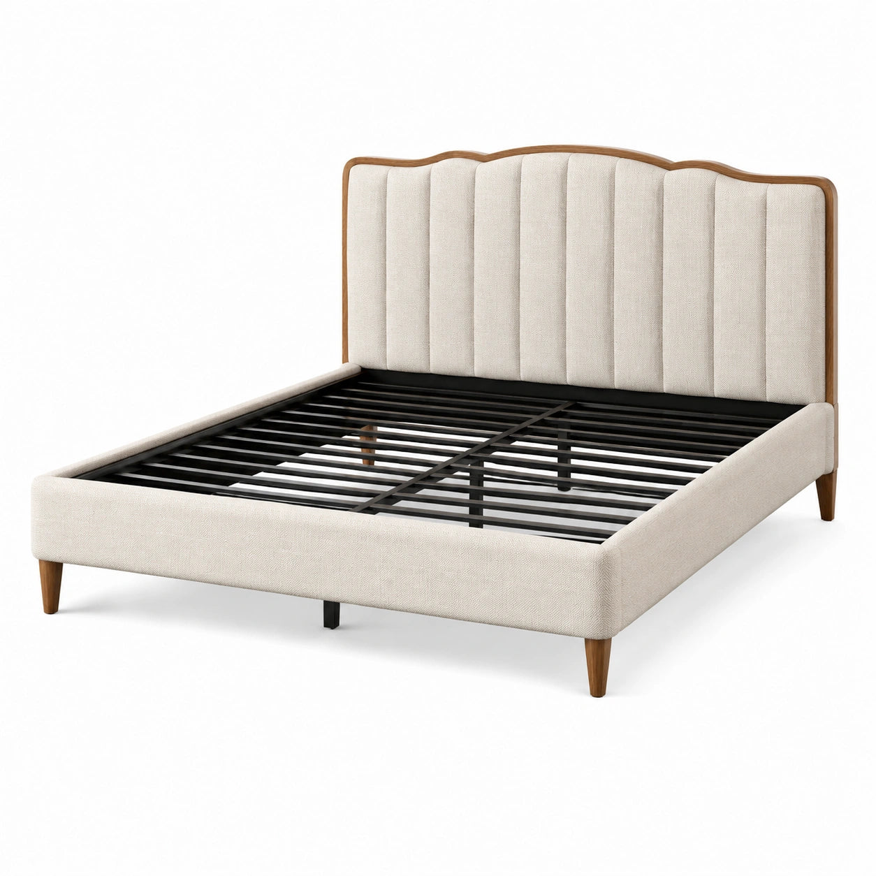 Lit double rembourré beige avec sommier à lattes métalliques, pour matelas 160 × 200 cm, dimensions 170 × 215 × 120 cm
