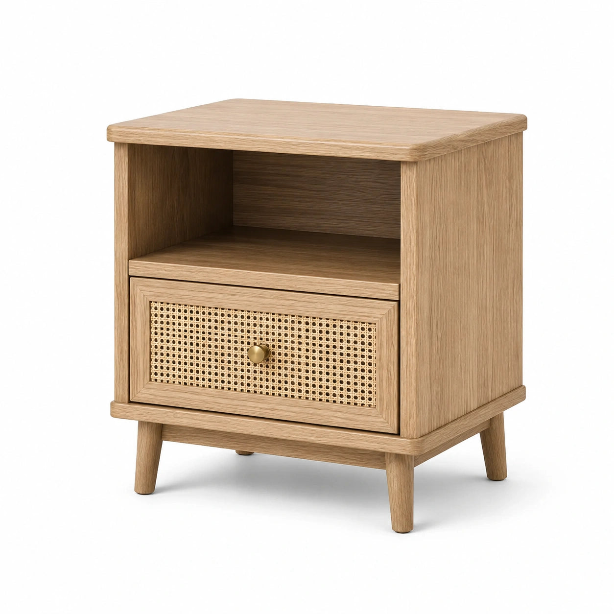 Table de chevet effet chêne naturel avec tiroir en cannage, 45 × 40 × 60 cm