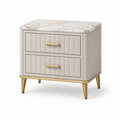 Table de chevet beige avec 2 tiroirs, plateau blanc effet marbre et détails dorés, 55 × 40 × 60 cm