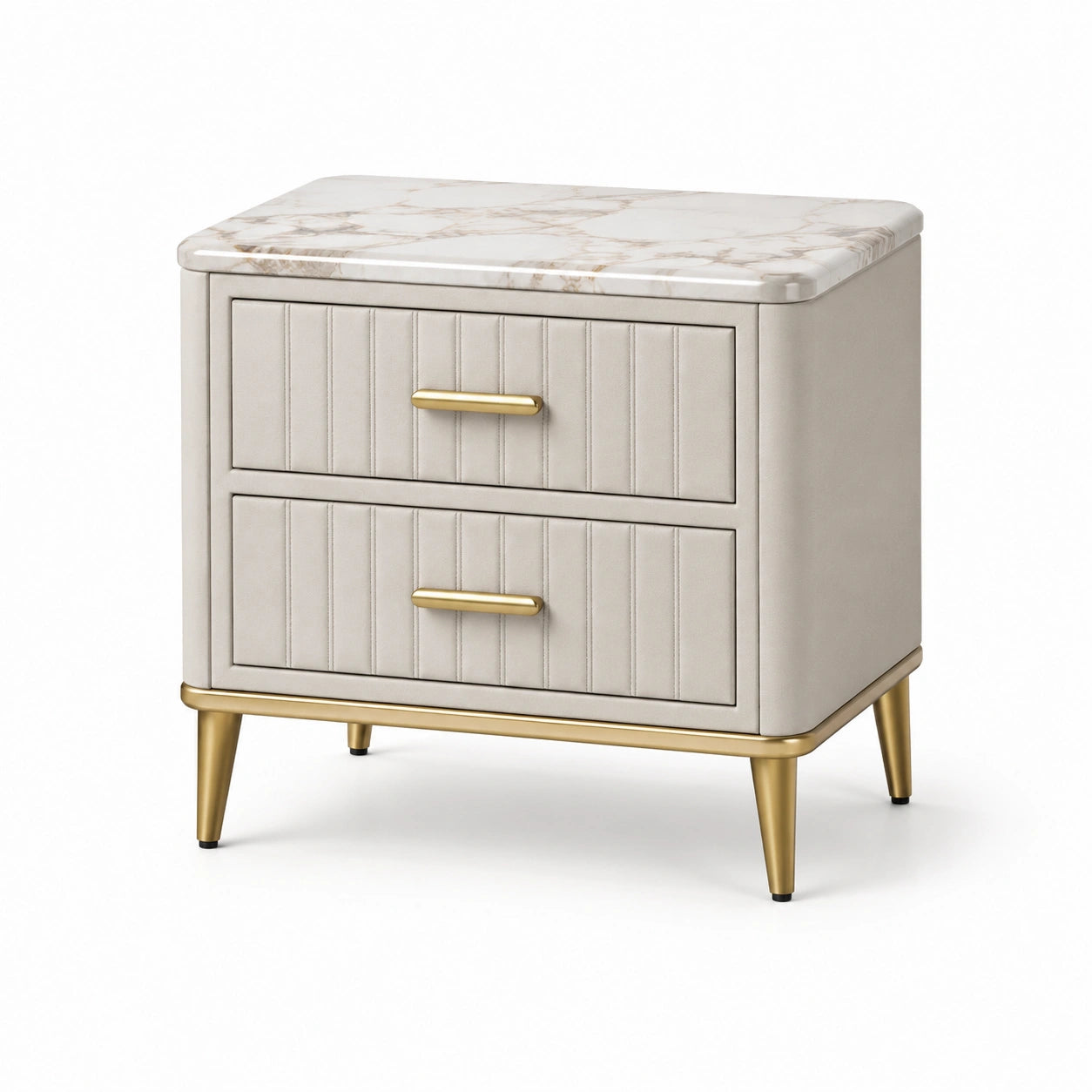 Table de chevet beige avec 2 tiroirs, plateau blanc effet marbre et détails dorés, 55 × 40 × 60 cm