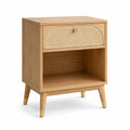 Table de chevet rétro en bois clair et cannage beige avec 1 tiroir et niche ouverte, 45 x 40 x 60 cm