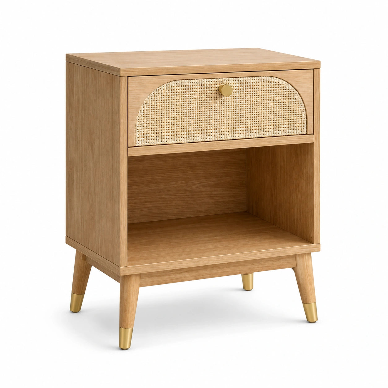 Table de chevet rétro en bois clair et cannage beige avec 1 tiroir et niche ouverte, 45 x 40 x 60 cm