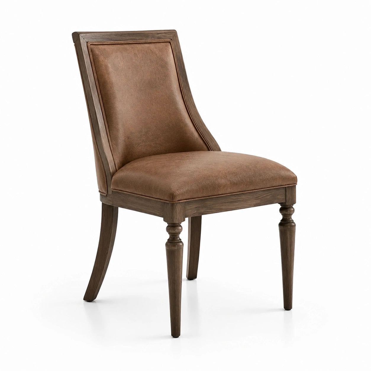 Chaise rembourrée classique en bois brun avec revêtement aspect cuir marron, 52 × 60 × 96 cm